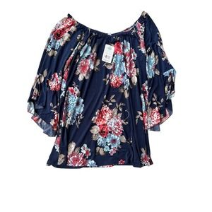 Paisley Grace Boutique Moonlight Sonata Floral Off Shoulder Top Navy 3XL NEW